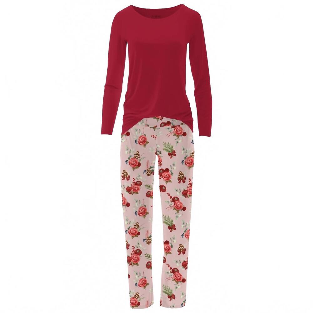 NEW KICKEE women's long sleeve relaxed tee & pajama pants in baby rose holiday f